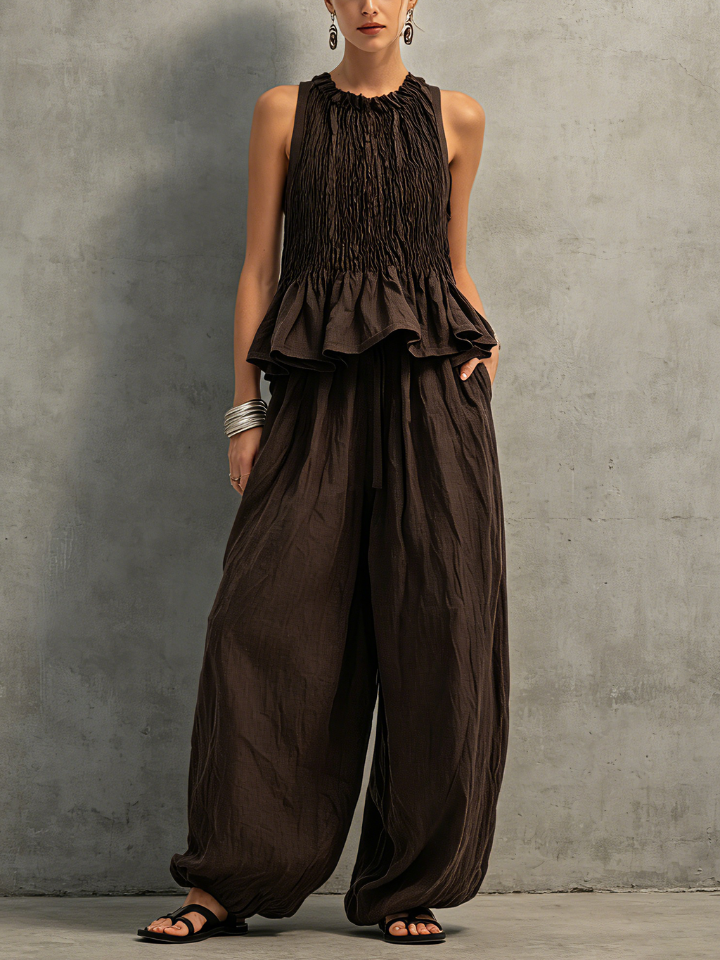 Coordinated Dark Brown Cotton-Linen Sleeveless Top & Trousers Set