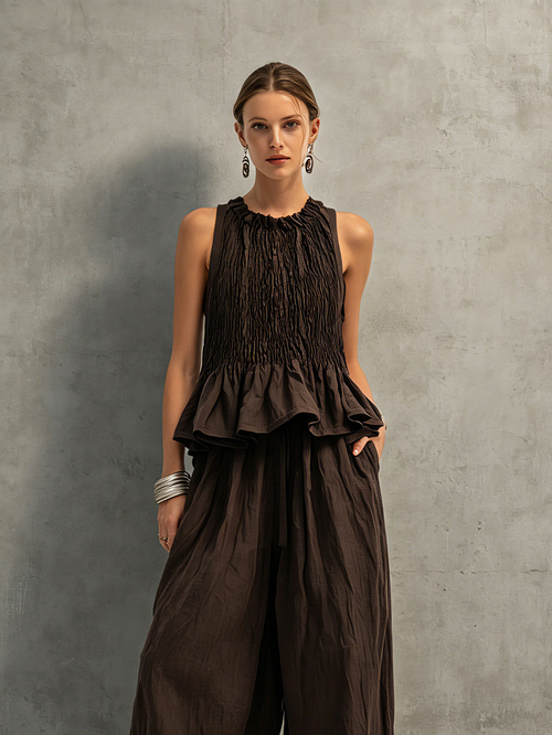 Coordinated Dark Brown Cotton-Linen Sleeveless Top & Trousers Set