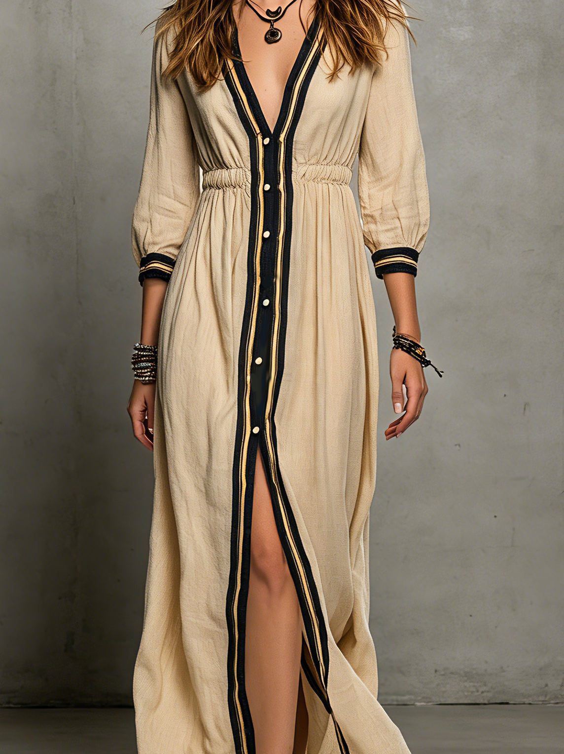 Khaki Cotton-Linen V-Neck Elastic Waist Maxi-Length Dress
