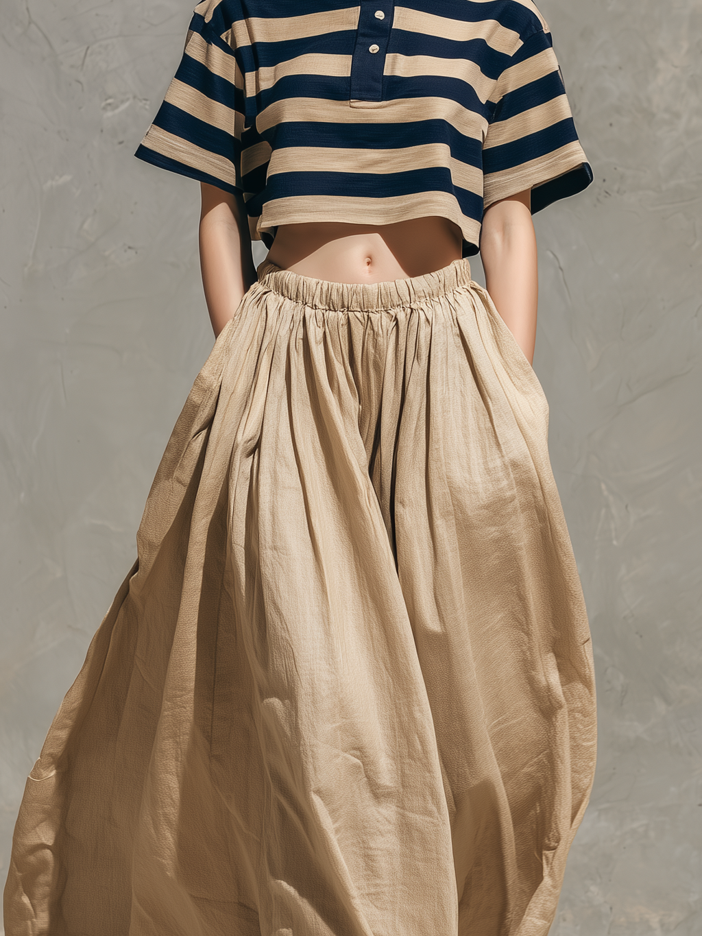 Coordinated Navy & Khaki Striped Shirt Collar Top & Khaki Skirt Set