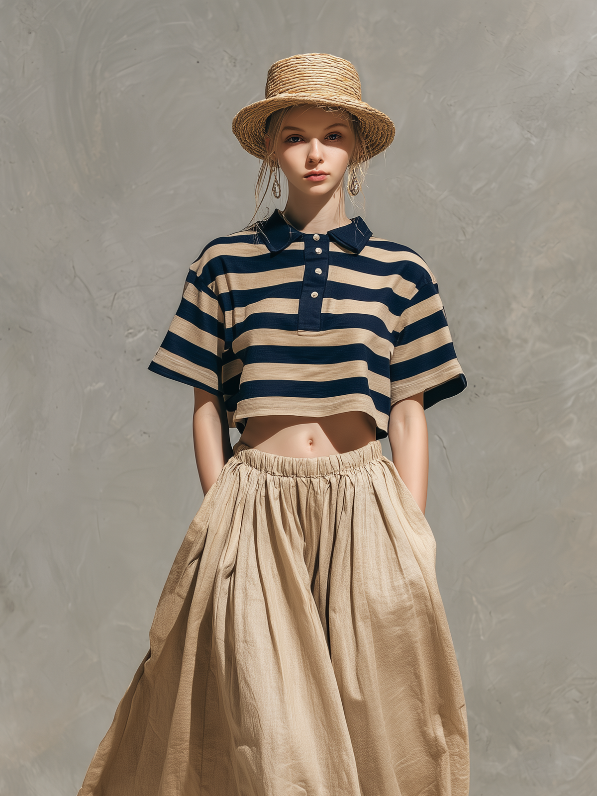 Coordinated Navy & Khaki Striped Shirt Collar Top & Khaki Skirt Set