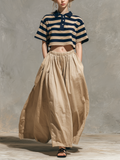 Coordinated Navy & Khaki Striped Shirt Collar Top & Khaki Skirt Set