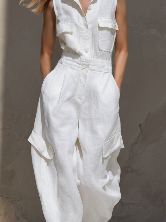 Modern White Cotton-Linen Collared Sleeveless Jumpsuit
