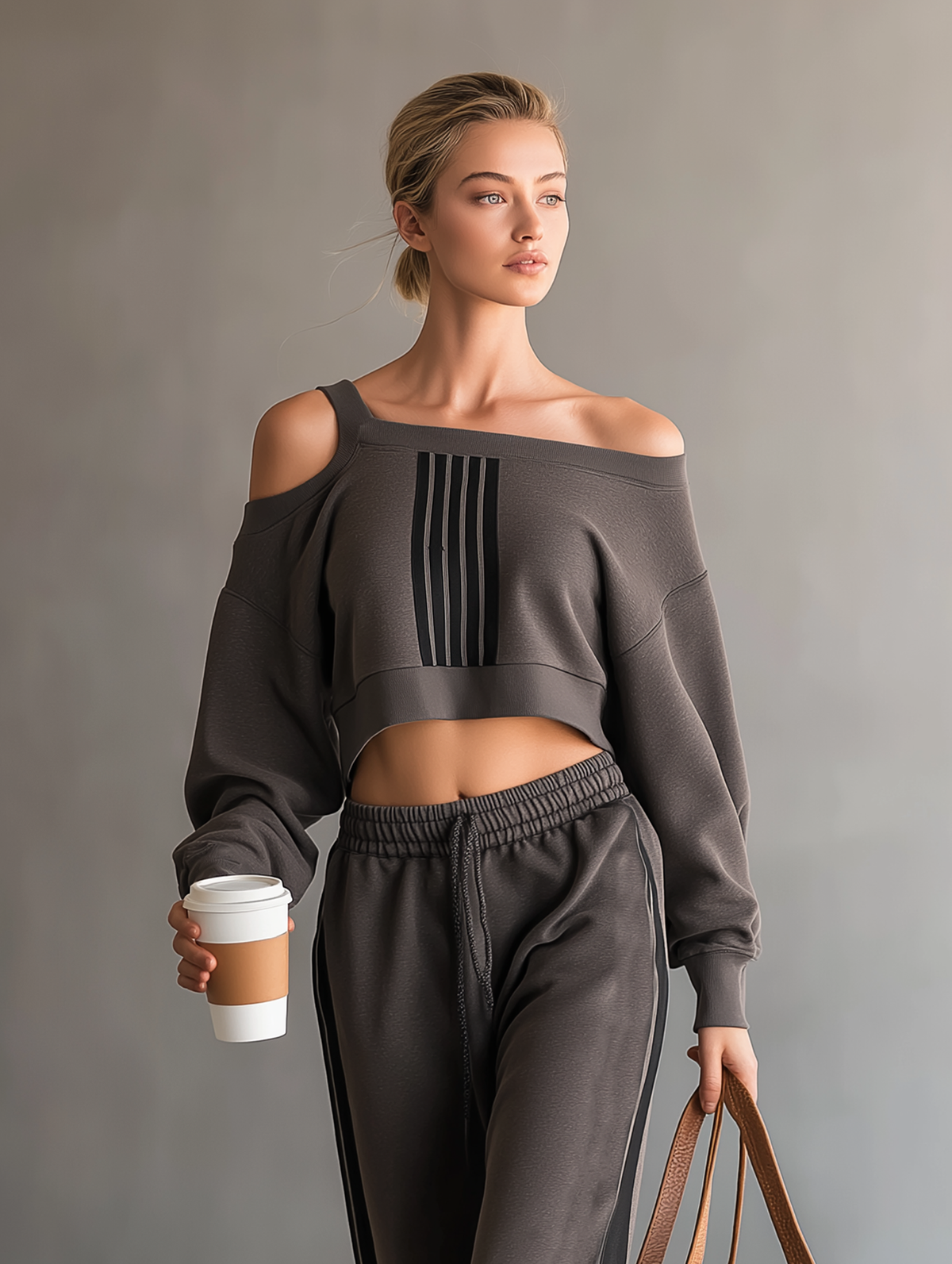 Coordinated Off-Shoulder Cropped Sweatshirt & Sweatpants Set