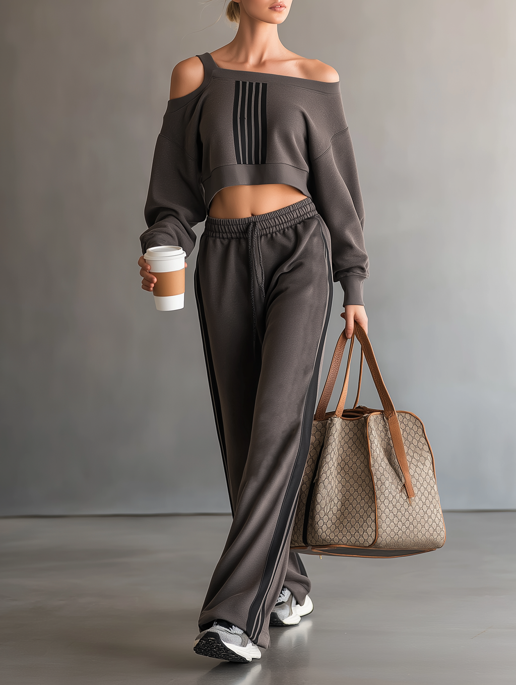 Coordinated Off-Shoulder Cropped Sweatshirt & Sweatpants Set