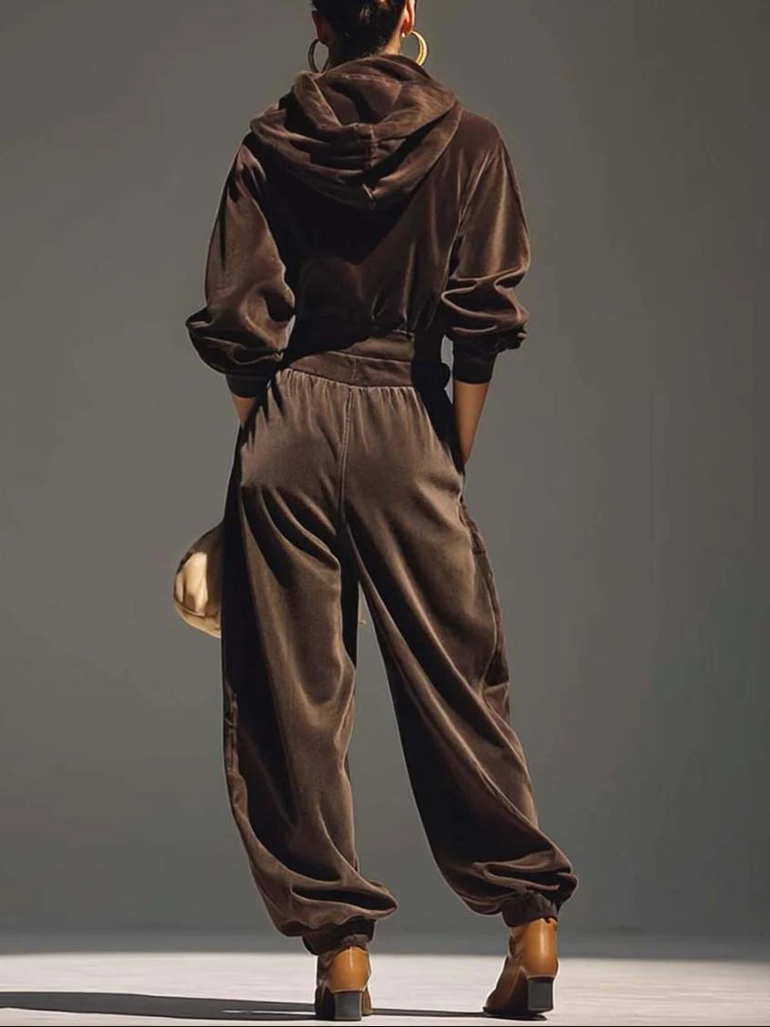 Retro Brown Velvet Hoodie And Loose-Fitting Trousers Set(Includes Belt)