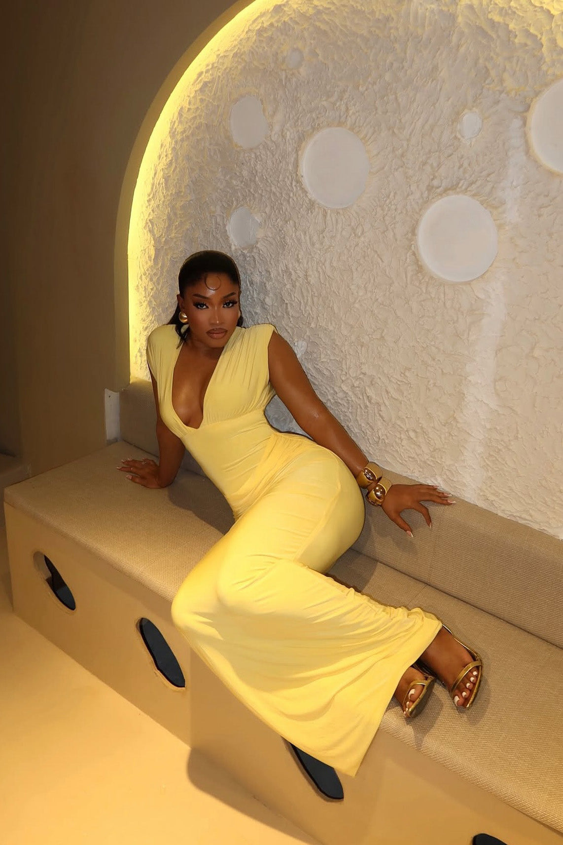 Stylish Lemon Ruched Hourglass Maxi-Length Dress