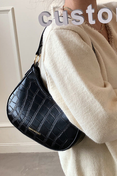 Modern Black Croc Mini Hobo Bag