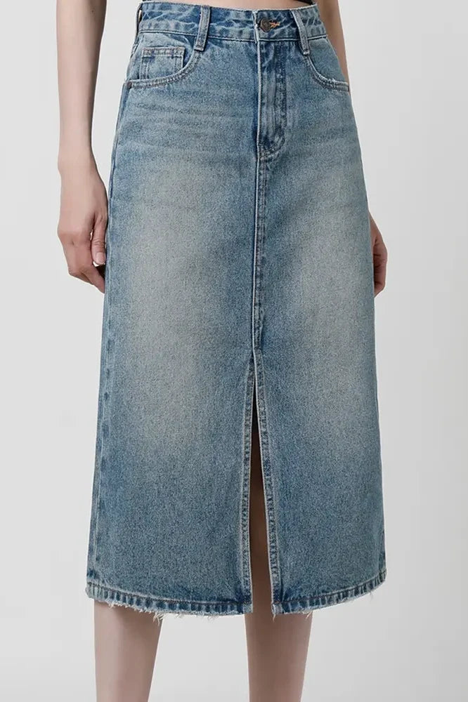 High-Waisted Slit Denim Skirt