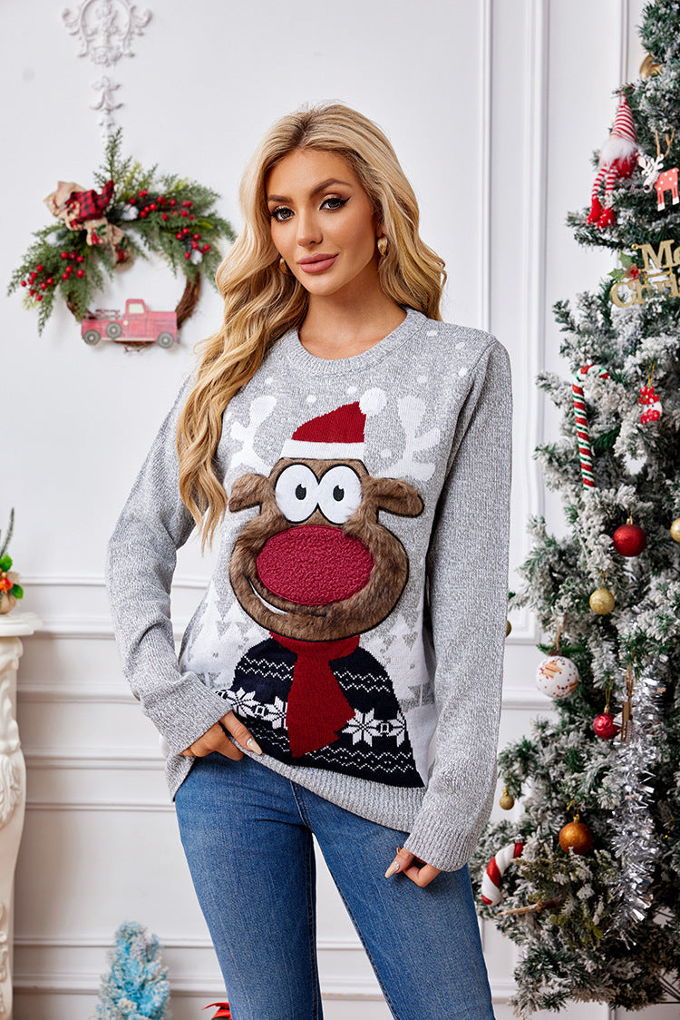 Modern Christmas Reindeer Embroidery Knit Sweater