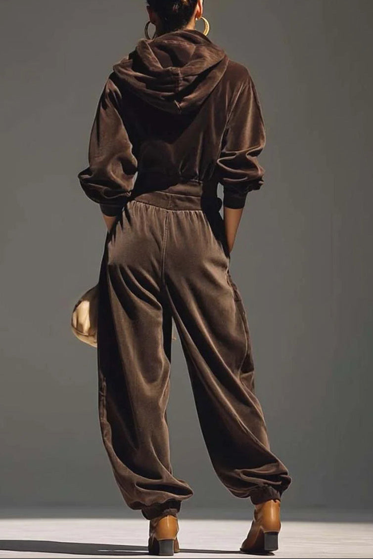 Retro Brown Velvet Hoodie And Loose-Fitting Trousers Set(Includes Belt)