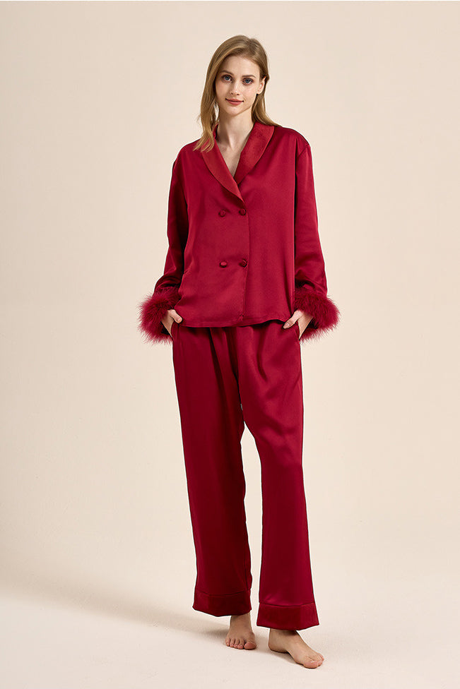 Coordinated Feather Trim Red Pyjamas Set