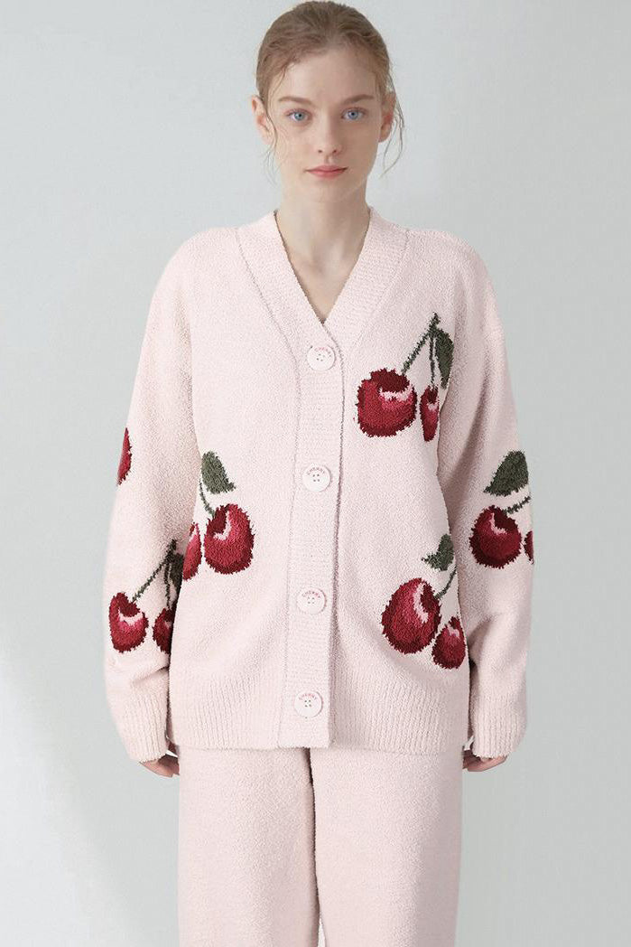 Soft Half Velvet Cherry Knit Cardigan Pajama Set