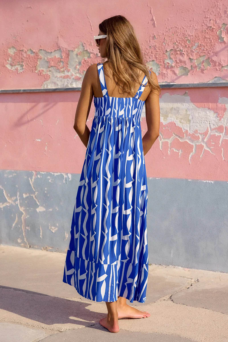 Vacation-Style French Flower Print Maxi-Length Dress