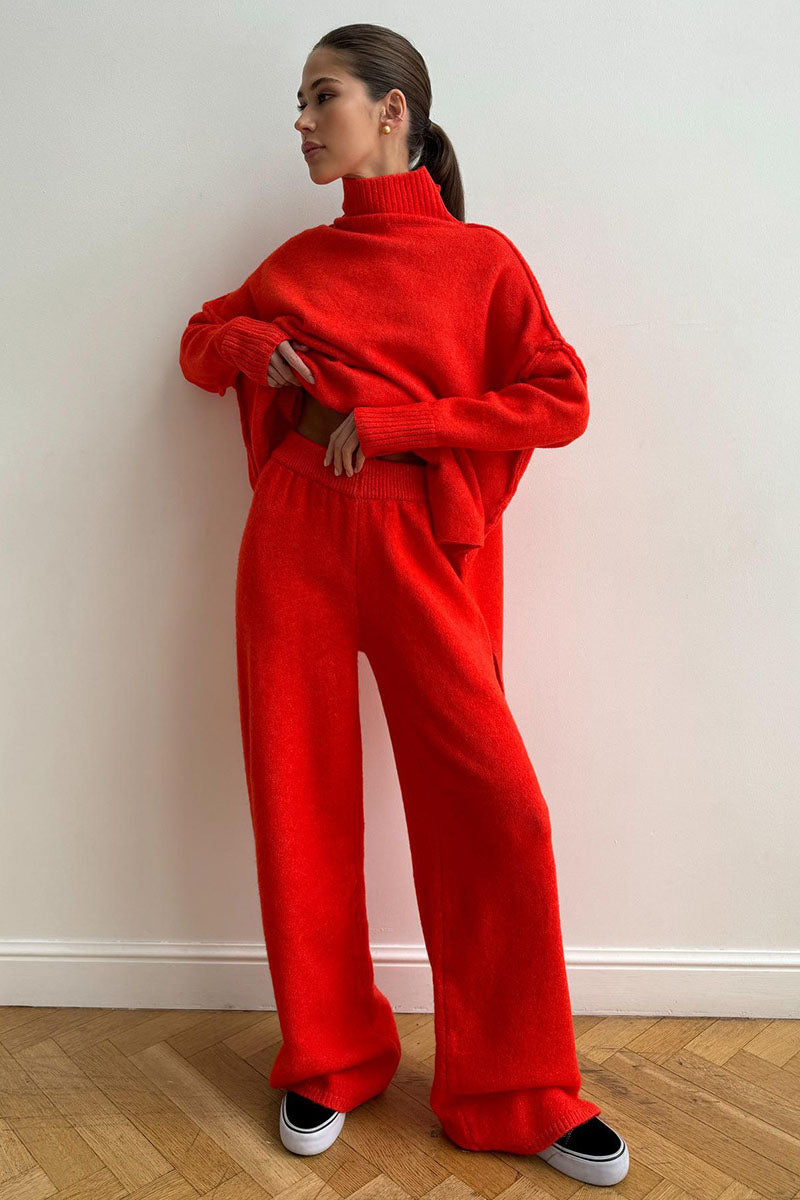 Turtleneck Split Knit Sweater Loose Knit Trousers Set