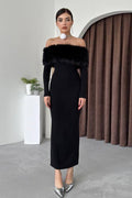 Fur Collar Off-shoulder Midi-Length Dress