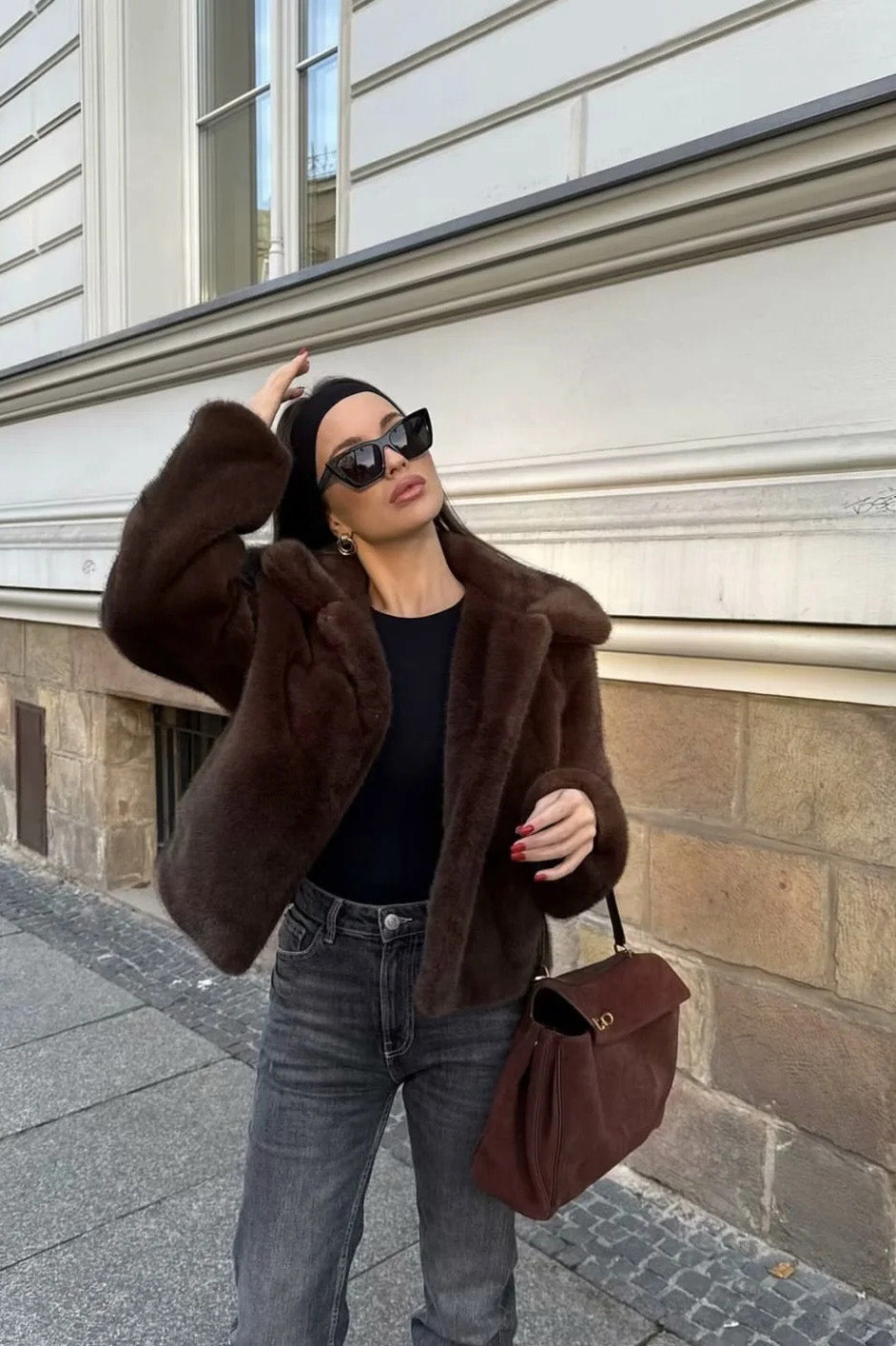 Modern Cocoa Tone Plush Lapel Jacket