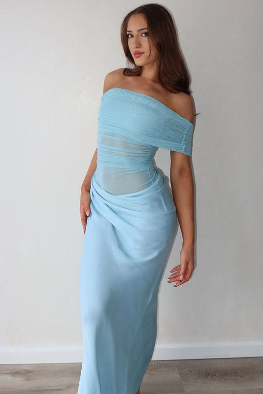 Sheer Mesh Off-Shoulder Maxi-Length Dress