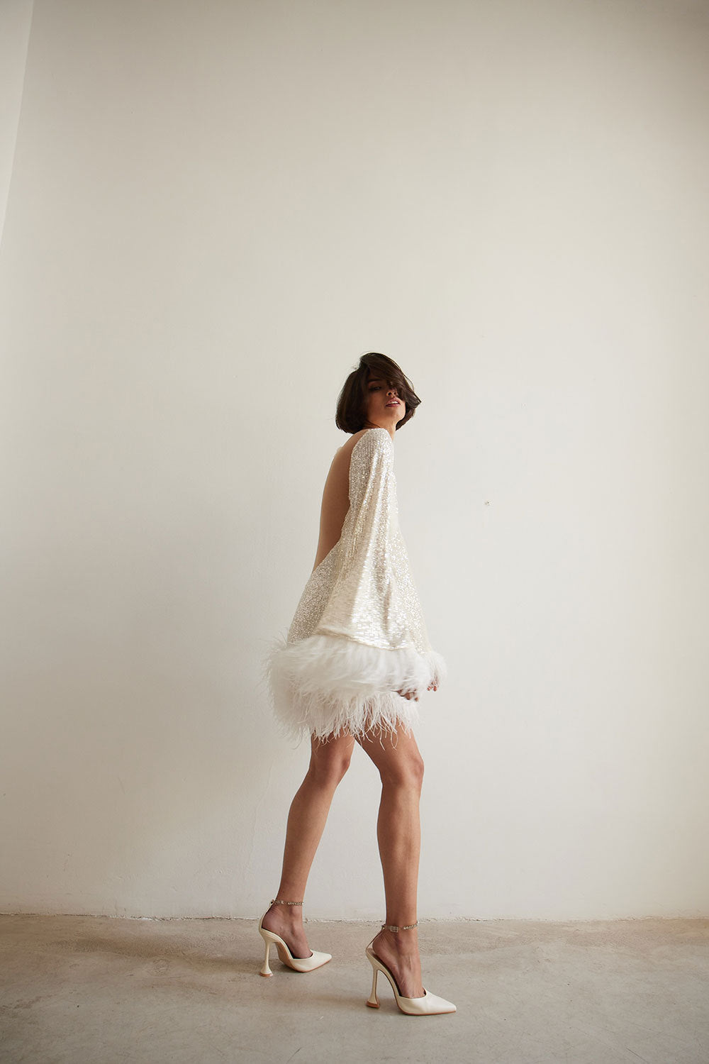 Open-Back Sequined Feather Fitted Mini-Length Dress