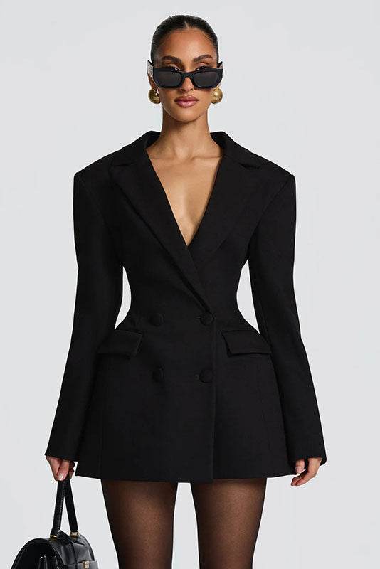 Deep V-Neck Waisted Blazer Mini-Length Dress