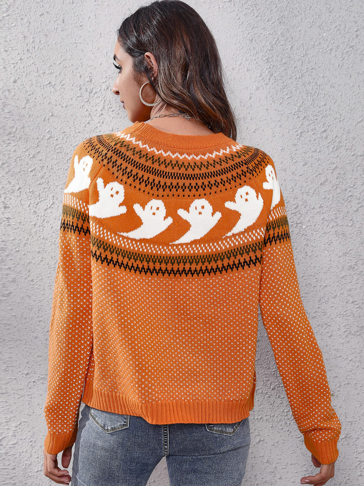 Literary Retro Ghost Pattern Crew Neck Knitted Knit Sweater