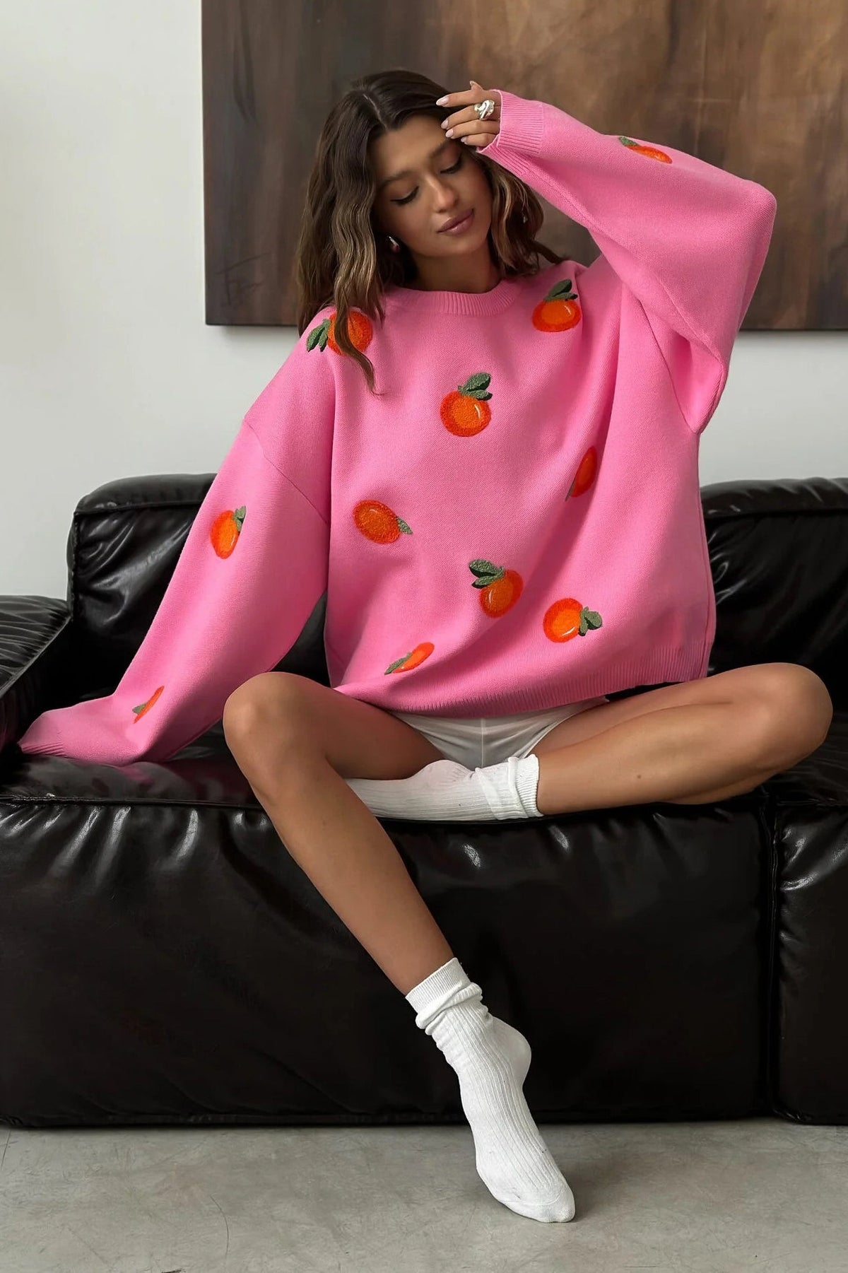 Modern Girls' Orange Flocked Knit Sweater