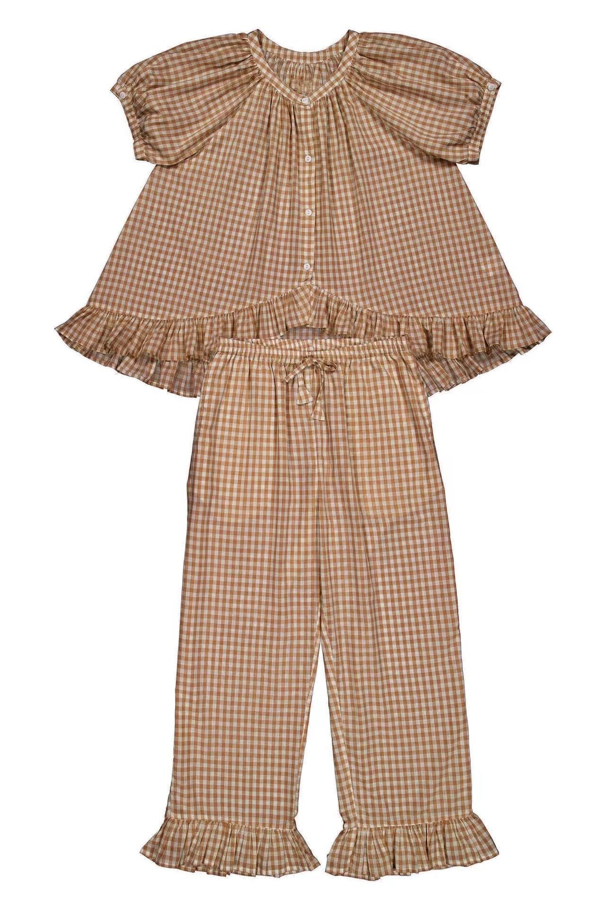 Relaxed Ruffled Plaid Print Shirt Pajama Set
