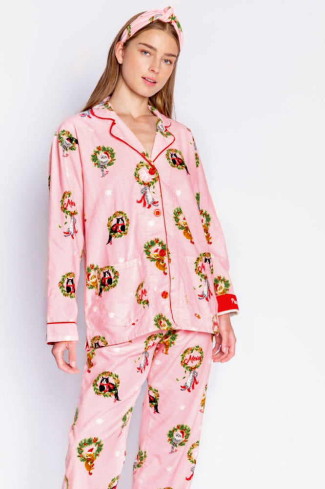 Coordinated Kitten Wreath Print Pajama Set