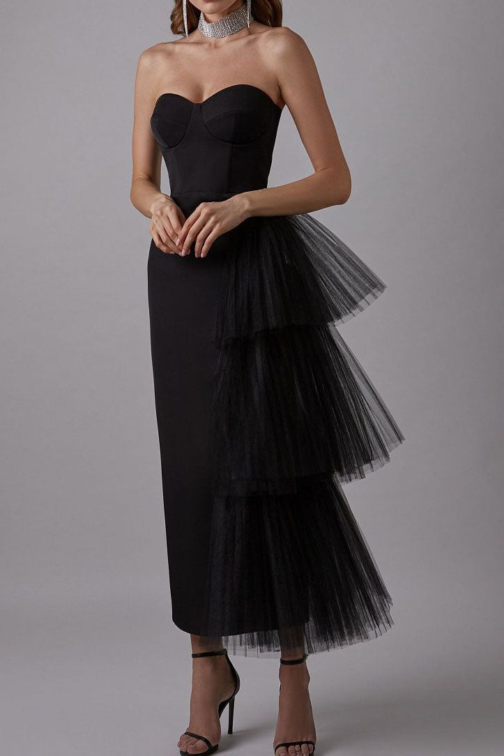 Niche French Fitted Strapless Evening Maxi-Length Dress