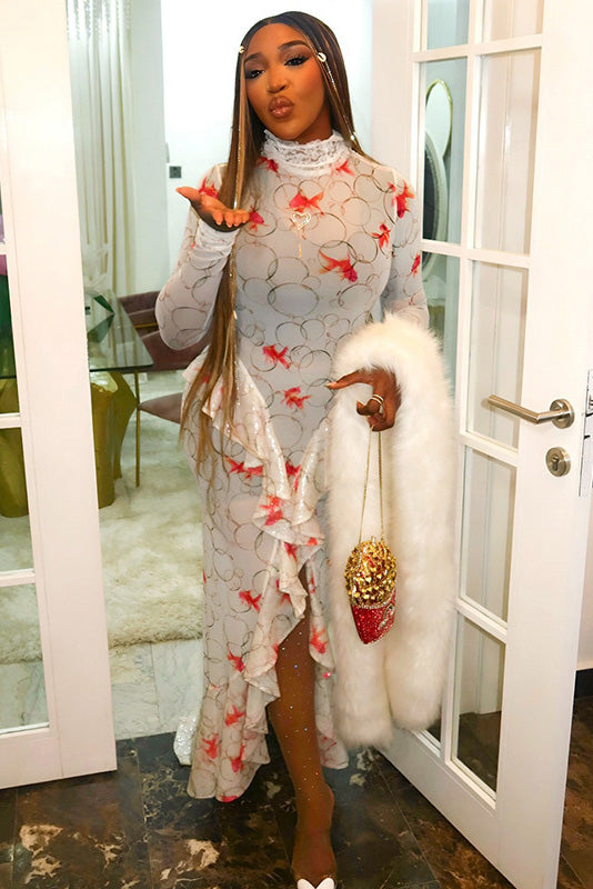 Koi Fish Print High-Neck Maxi-Length Dress