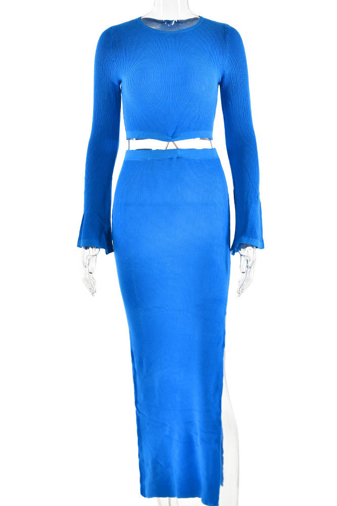 Crew Neck Knit & Slit Skirt Set