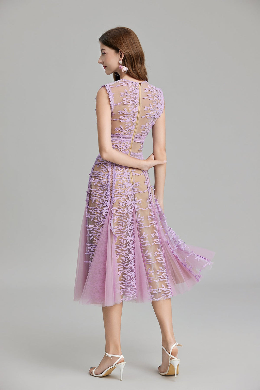 Maelle Crew Neck Mesh Embroidered Midi-Length Dress In Beige