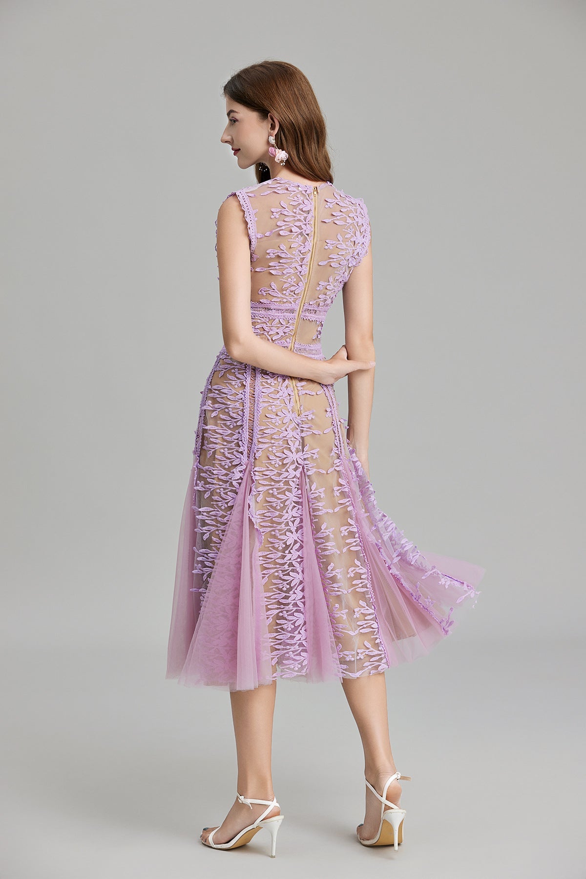 Maelle Crew Neck Mesh Embroidered Midi-Length Dress In Beige