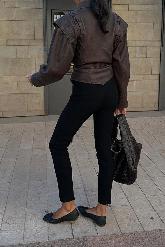 Modern Street-Style High-Gloss Lace-up Leather Jacket