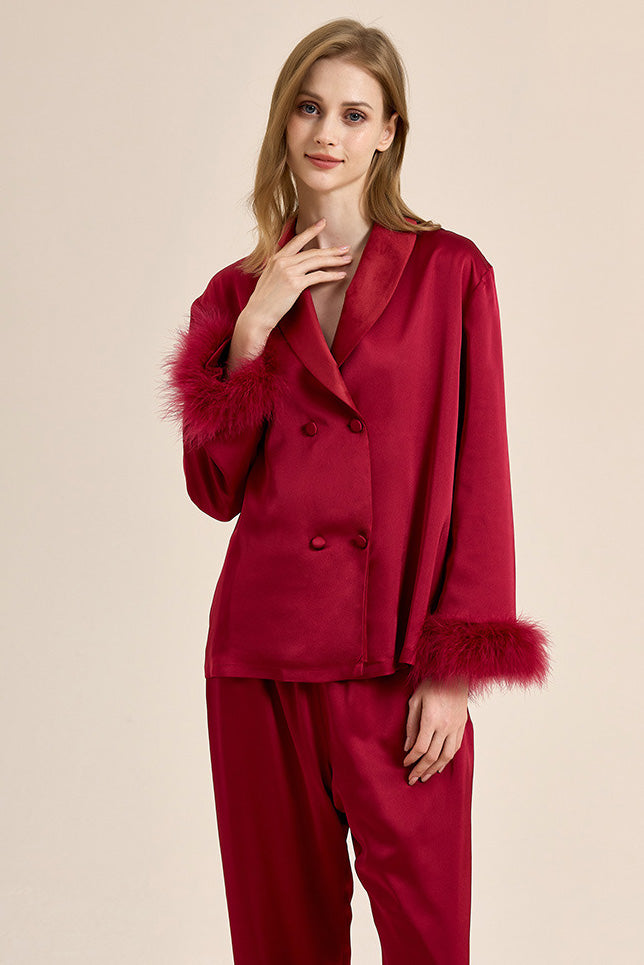 Coordinated Feather Trim Red Pyjamas Set