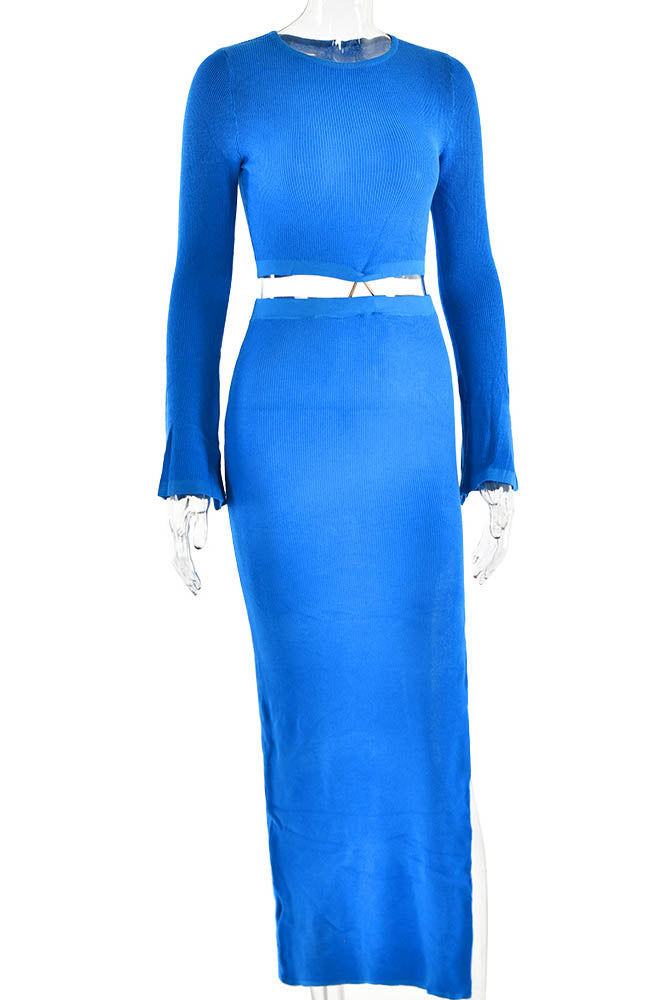 Crew Neck Knit & Slit Skirt Set