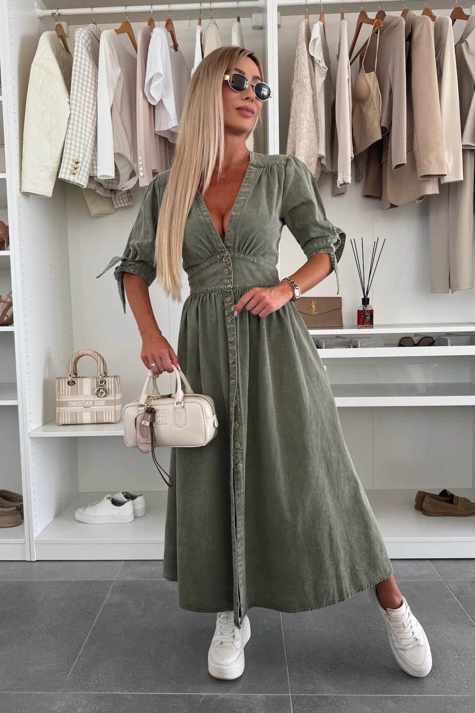 Clean-Lined V-Neck Buttoned Denim Gown