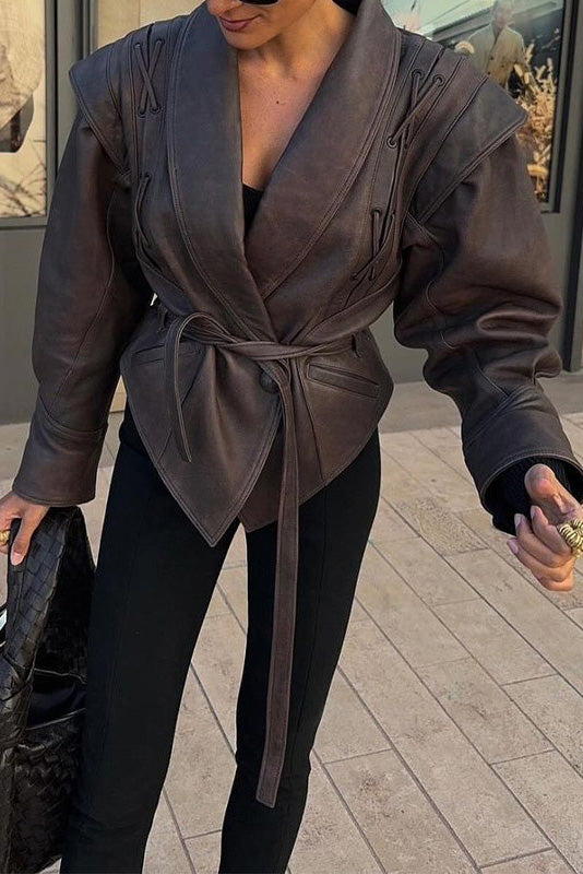 Modern Street-Style High-Gloss Lace-up Leather Jacket
