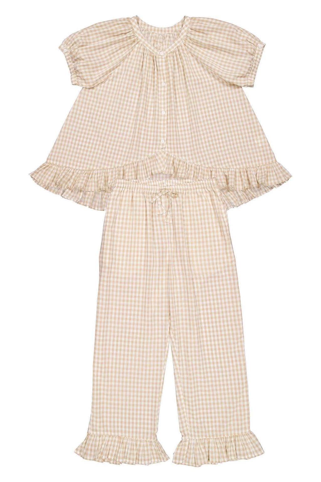 Relaxed Ruffled Plaid Print Shirt Pajama Set