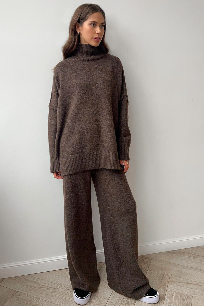 Turtleneck Split Knit Sweater Loose Knit Trousers Set