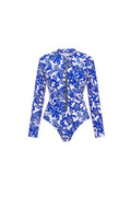 Blue Patterned Zip-Front Long Sleeve Surf Swimsuit