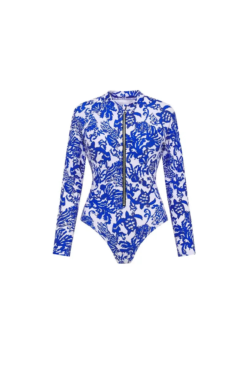 Blue Patterned Zip-Front Long Sleeve Surf Swimsuit