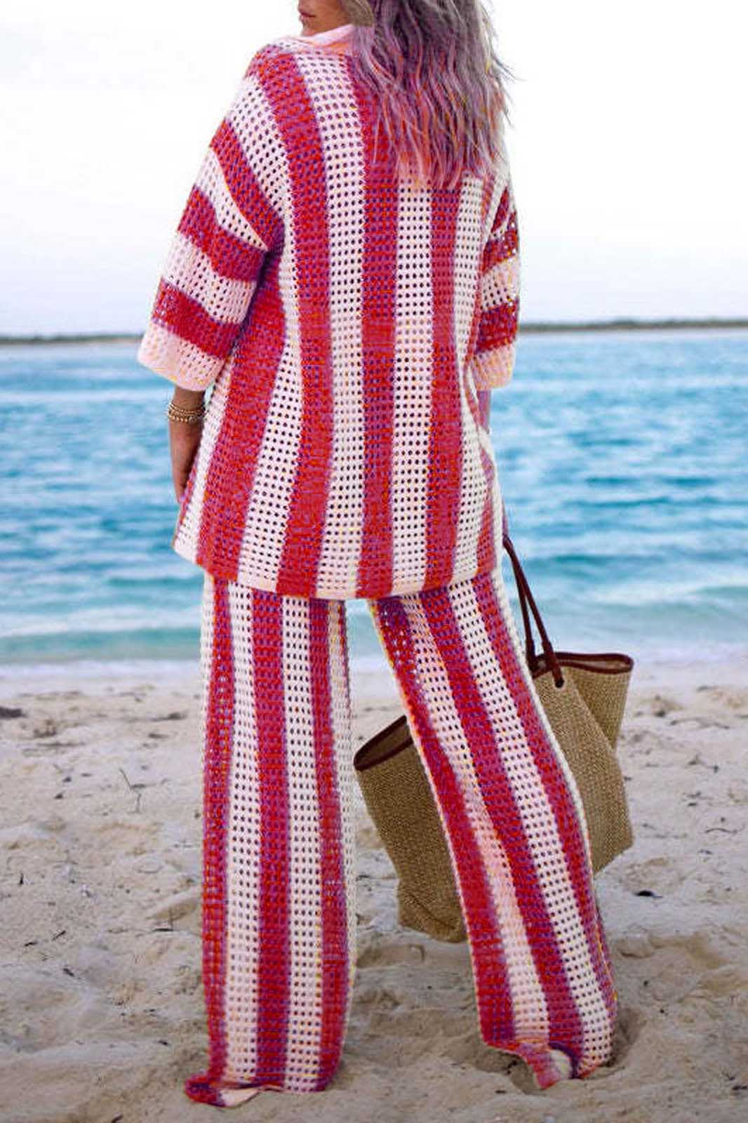 Coordinated Hollow Striped Shirt Knit Set