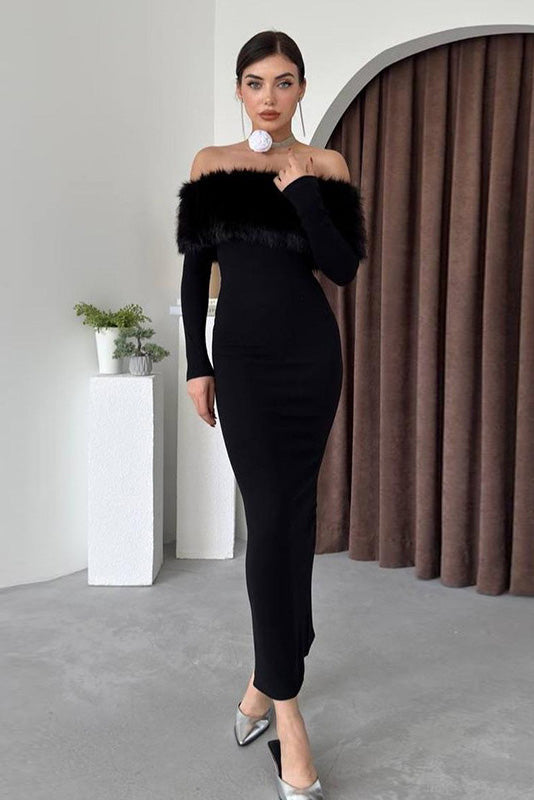 Fur Collar Off-shoulder Midi-Length Dress