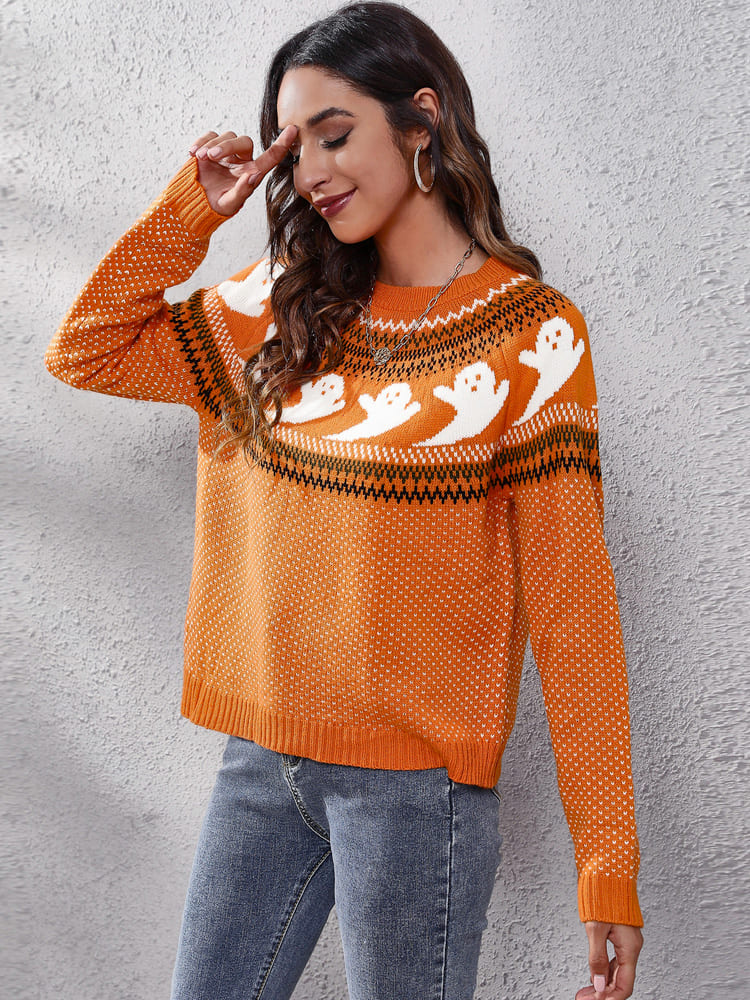 Literary Retro Ghost Pattern Crew Neck Knitted Knit Sweater