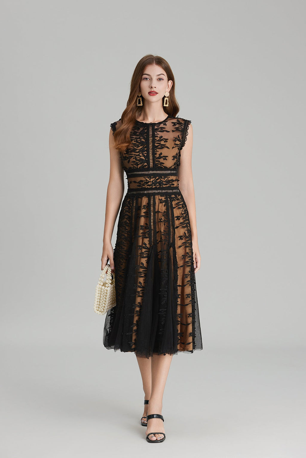 Maelle Crew Neck Mesh Embroidered Midi-Length Dress In Beige