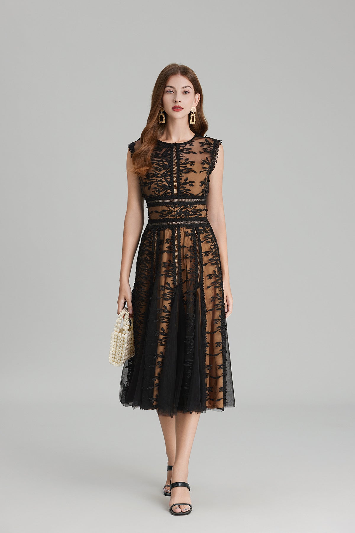 Maelle Crew Neck Mesh Embroidered Midi-Length Dress In Beige