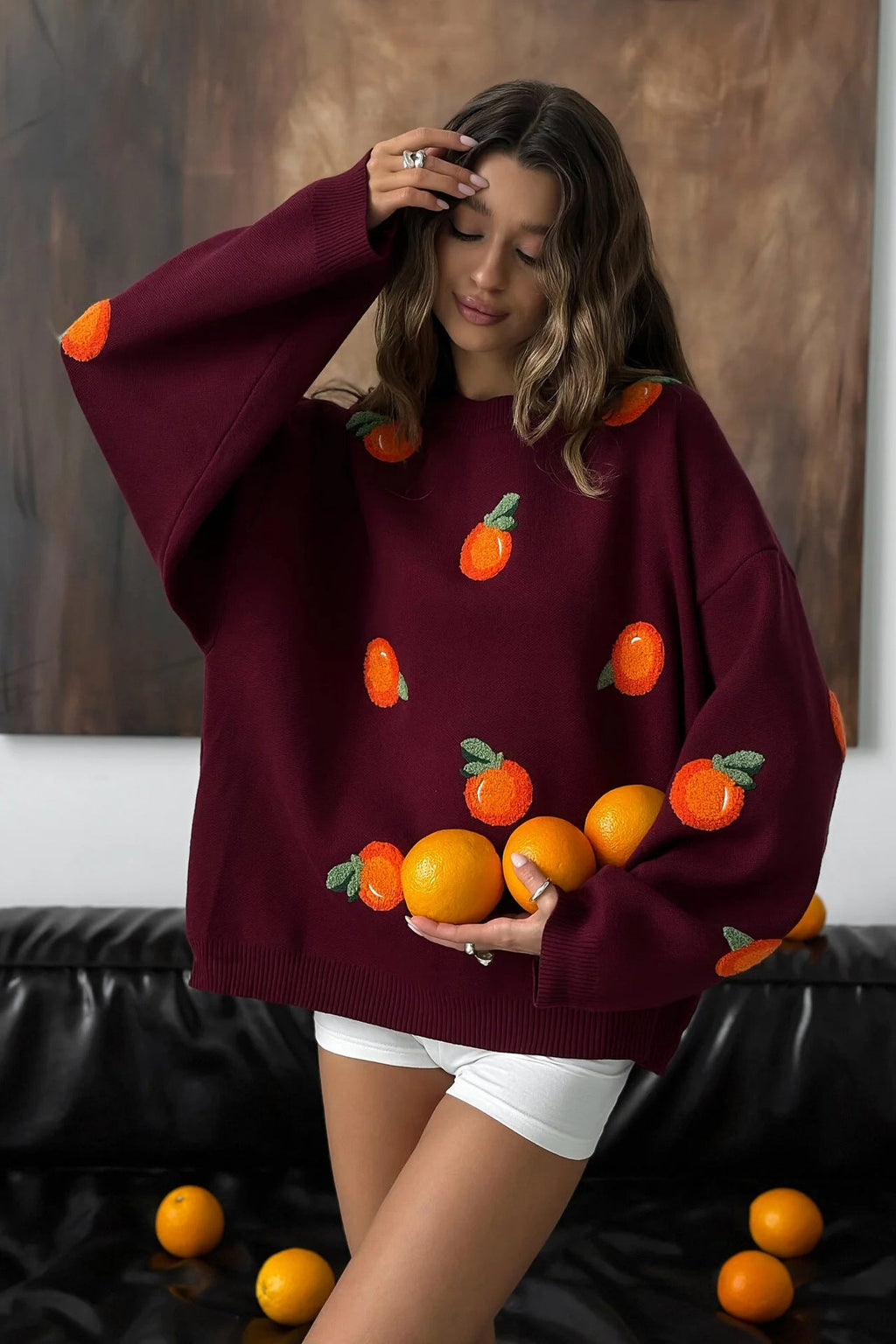 Modern Girls' Orange Flocked Knit Sweater