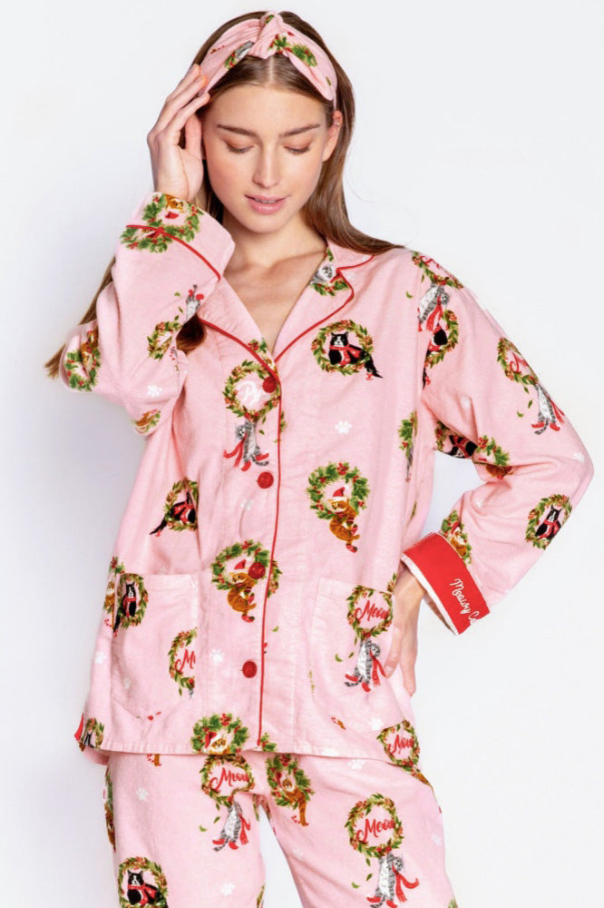 Coordinated Kitten Wreath Print Pajama Set