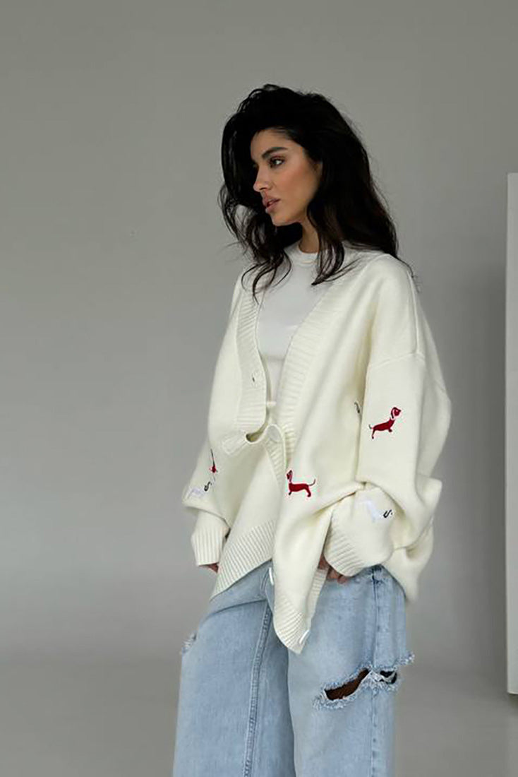 Modern V-Neck Dachshund Knit Cardigan